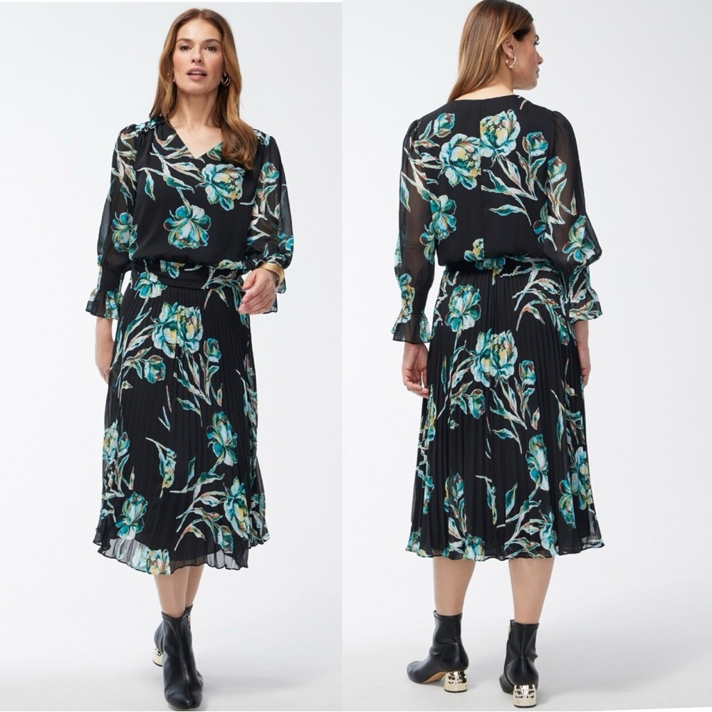 NWT CHICO'S Crepe Pleated Floral Midi Dress SZ-16 - Picture 2 of 10